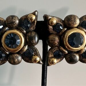 Stunning vintage French 1980s Gold-Tone and Navy Crystal Clip Earrings